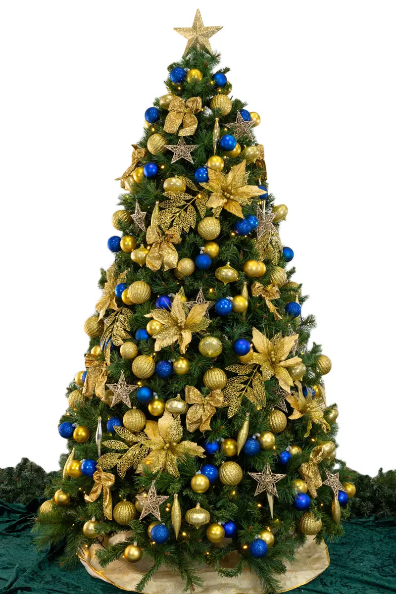 Gold baubles with blue accents on a Christmas tree