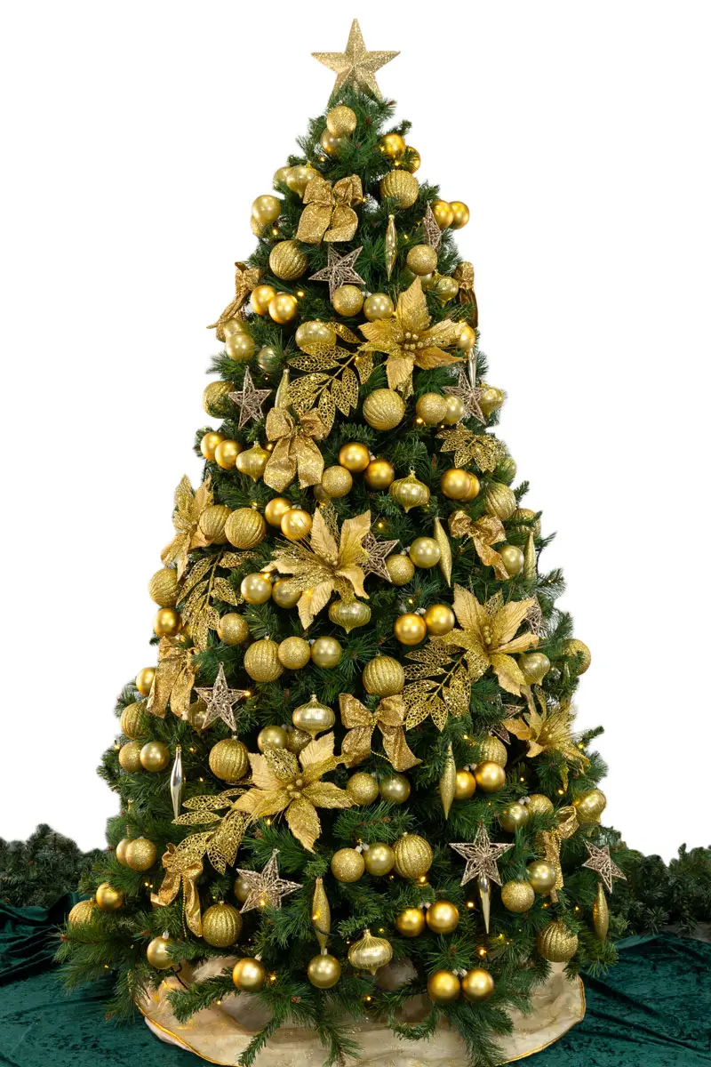 Christmas tree decorated entirely in gold and champagne baubles