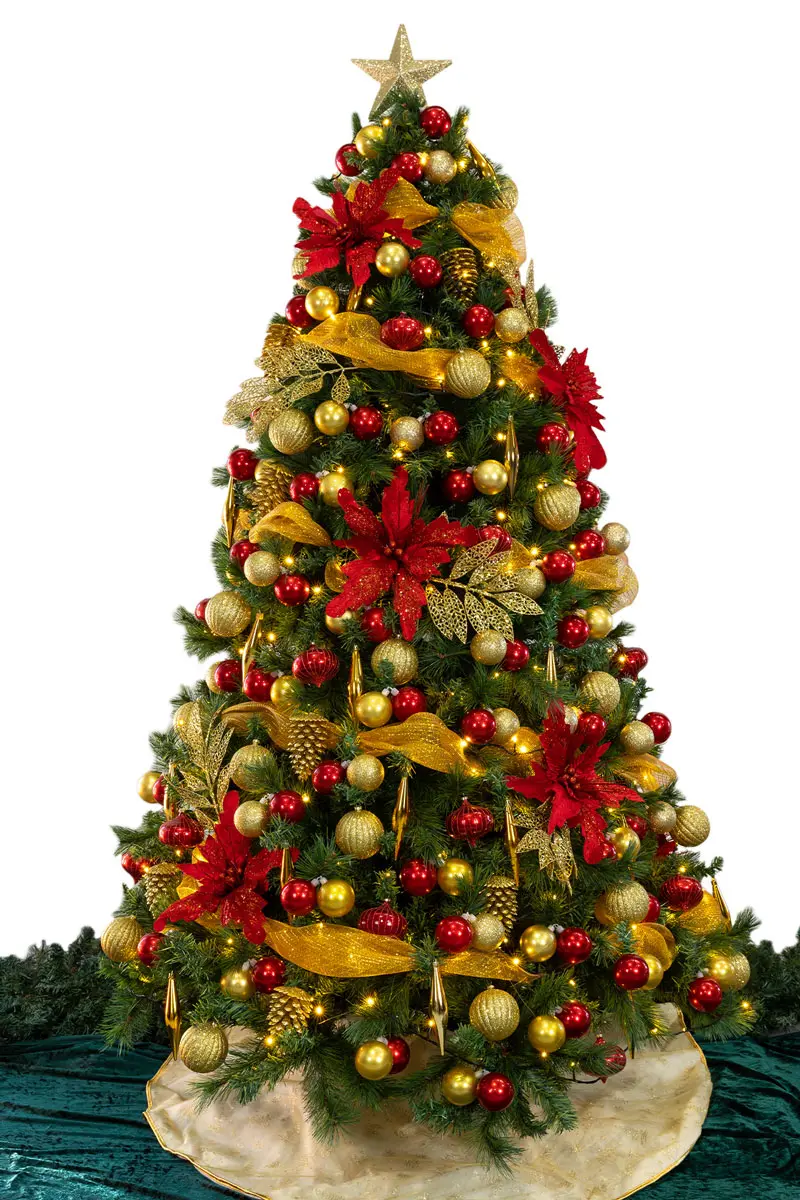 Red and gold baubles on a green Christmas tree