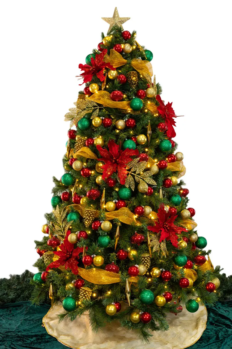 Red, green and gold baubles on a Christmas tree
