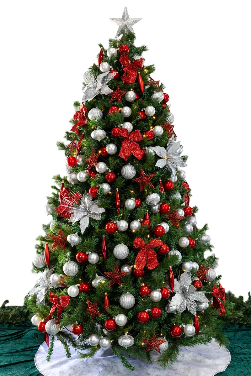 Red and silver baubles on a green Christmas tree