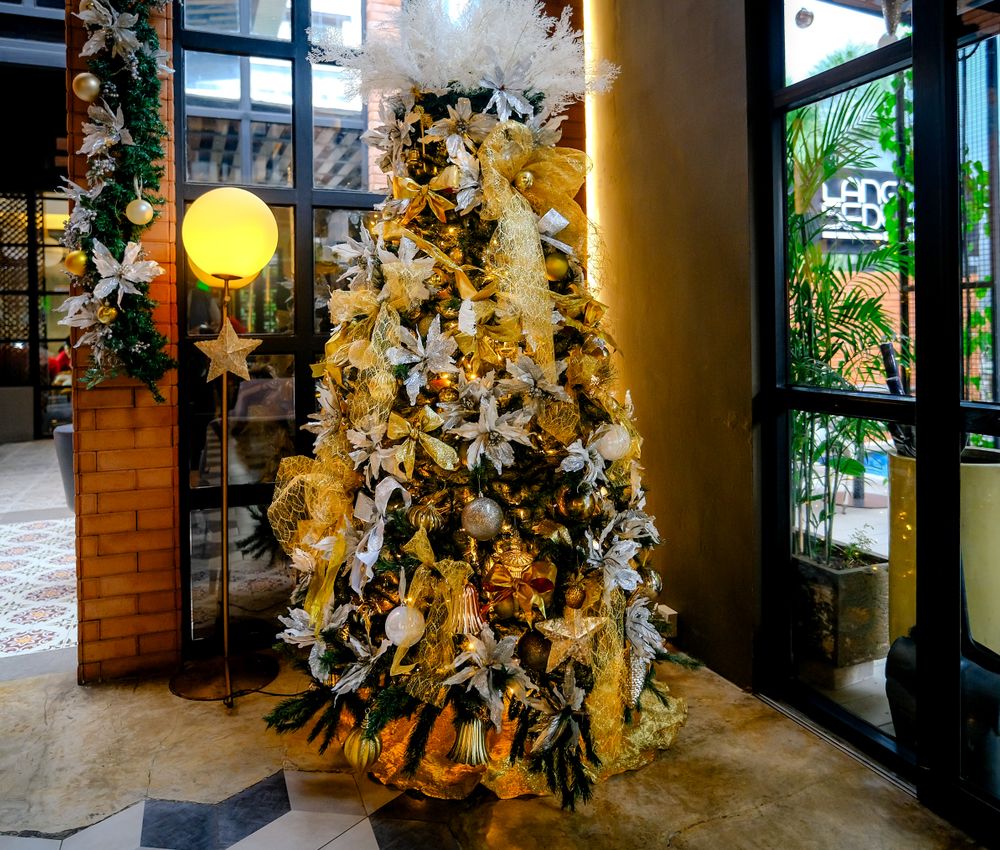 Silver and gold decorated Christmas tree by a window